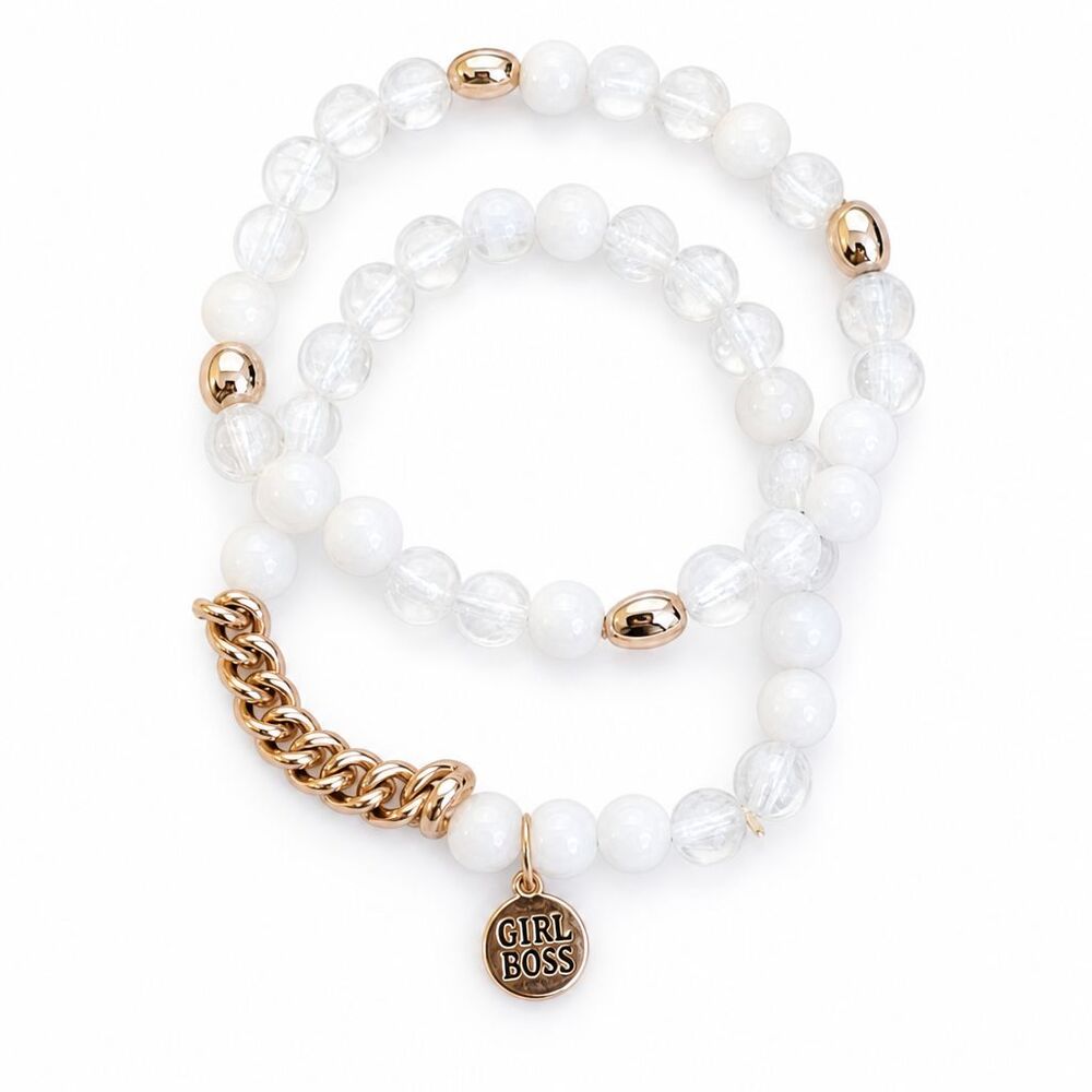 Signed Girl Boss 2 Bracelet Set Gold Tone Metal White Marbled Beads Stretchy 7"